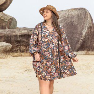 Plus Size Printed V-Neck Balloon Sleeve Mini Dress